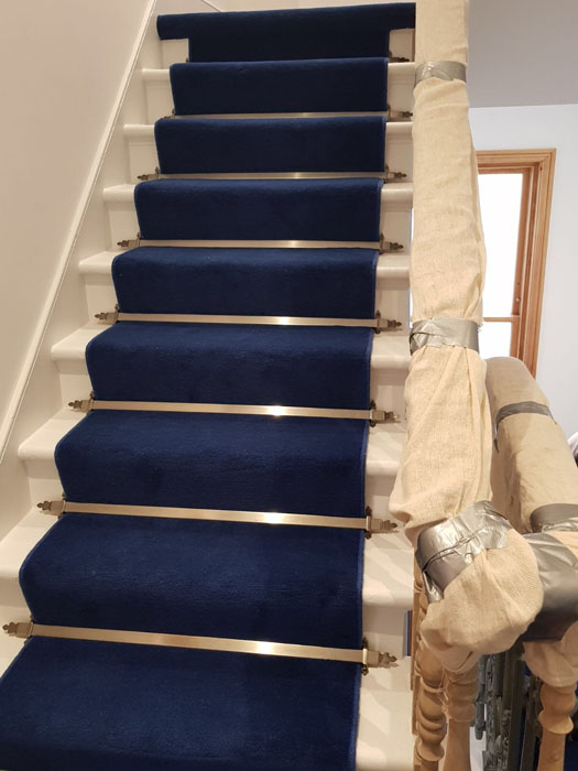 portfolio blue stair carpet as a runner with bronze stair rods 03