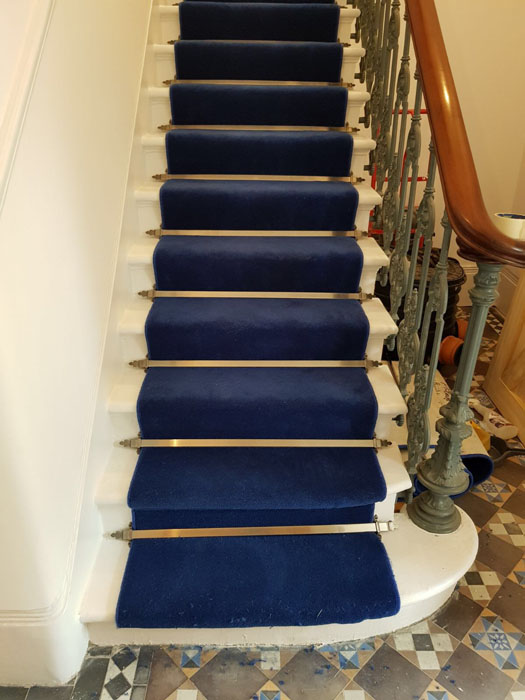 portfolio blue stair carpet as a runner with bronze stair rods 05