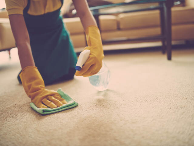 Female cleaner using spray stains remover